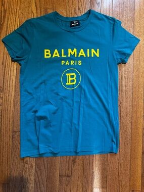 Balmain Teal Crewneck Logo Tee